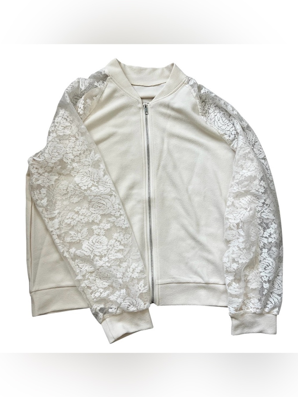 Lace-Sleeve Cream Bomber Jacket by - Picture 4 of 7